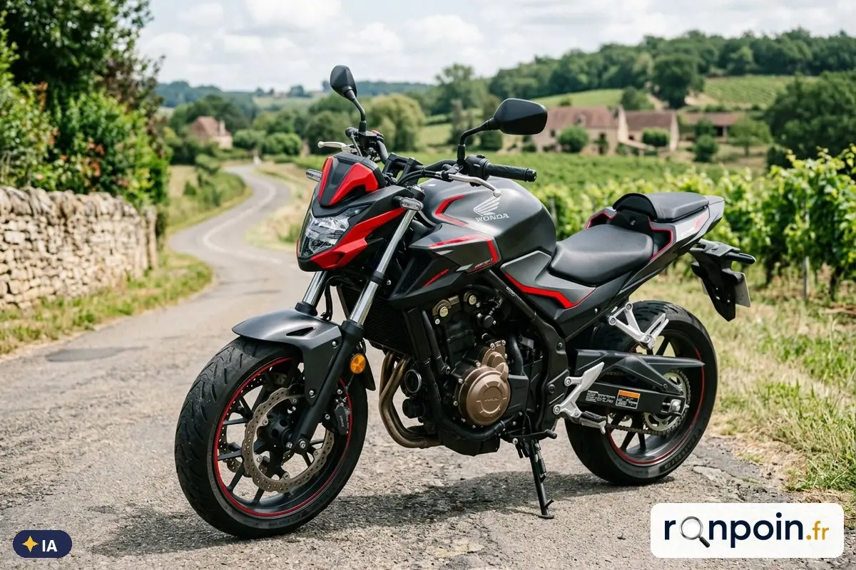 Honda CB500F grise de trois quarts avant — illustration générée par IA