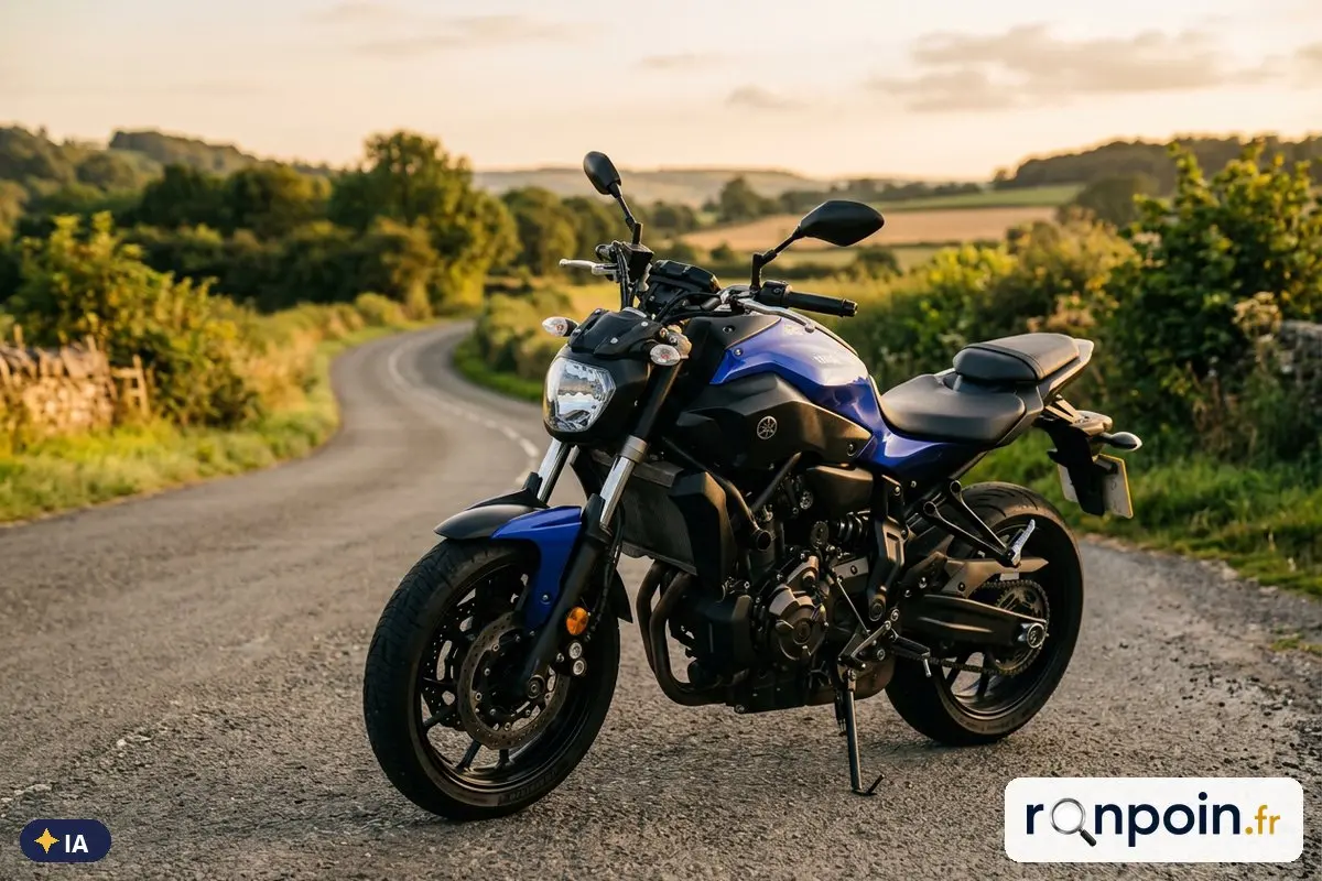 Yamaha MT-07 bleue de trois quarts avant sur une route de campagne — illustration générée par IA